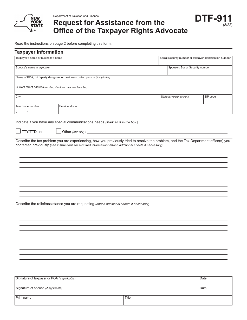 Form DTF-911 Request for Assistance From the Office of the Taxpayer Rights Advocate - New York, Page 1