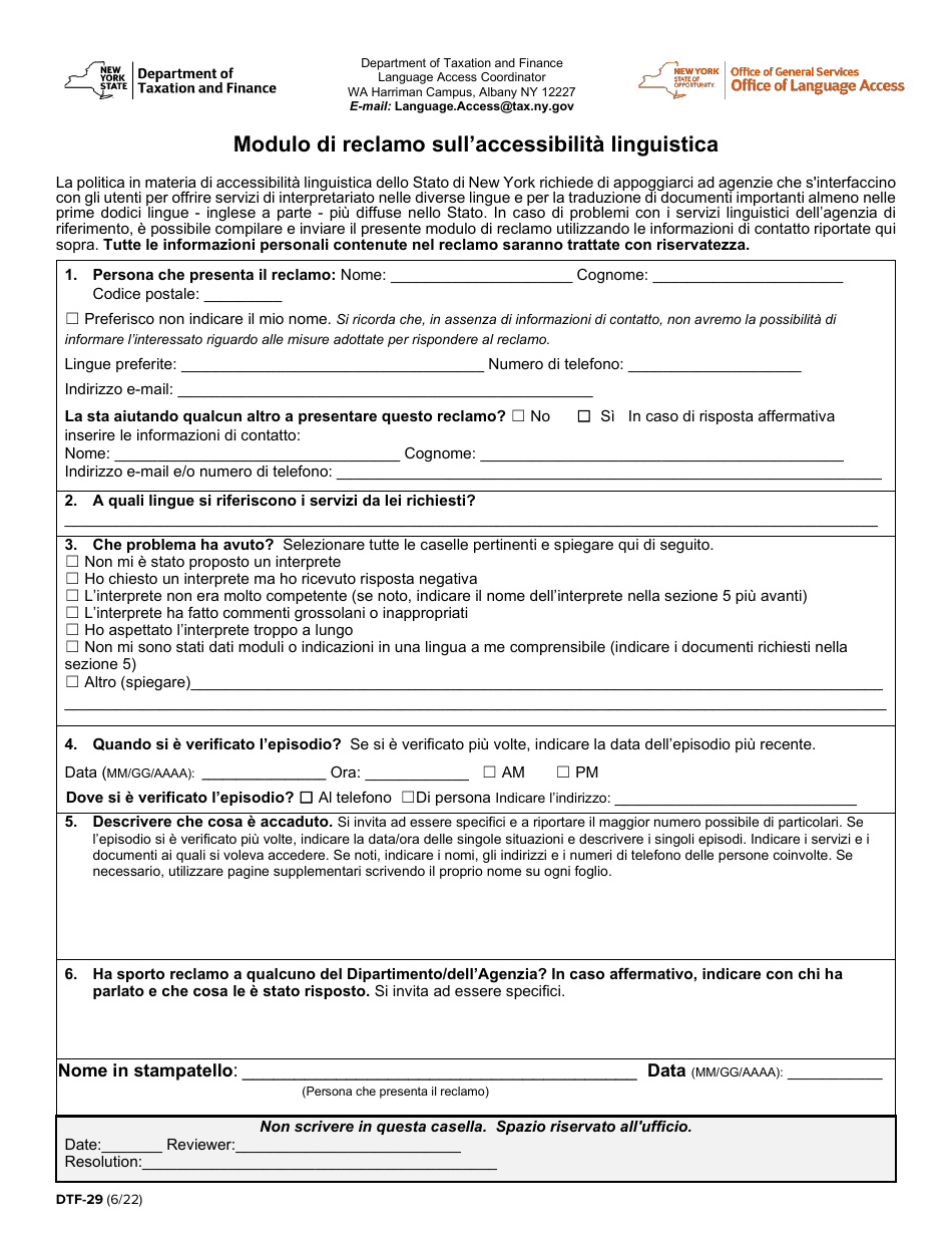 Form DTF-29 Language Access Complaint Form - New York (Italian), Page 1