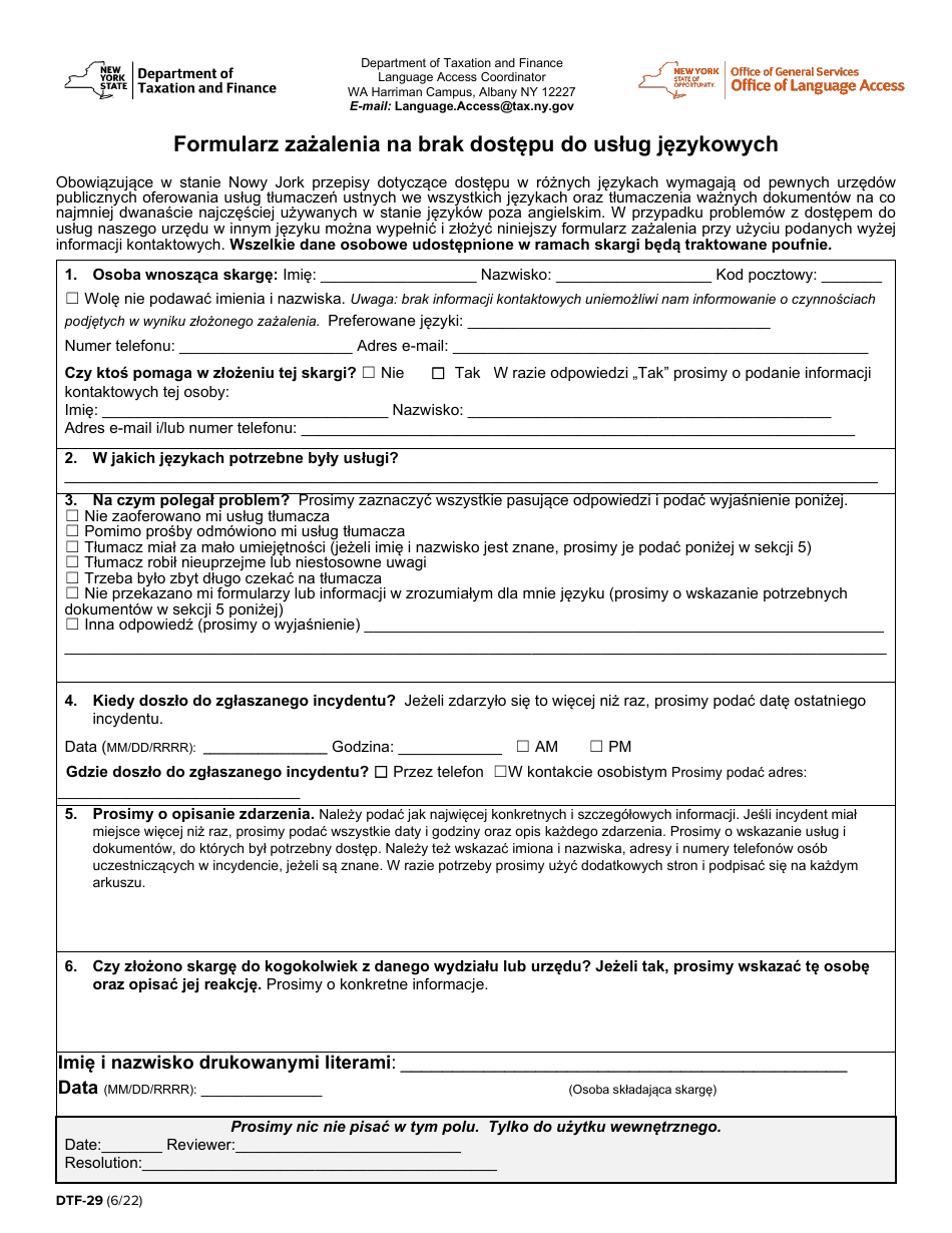 Form DTF-29 Language Access Complaint Form - New York (Polish), Page 1