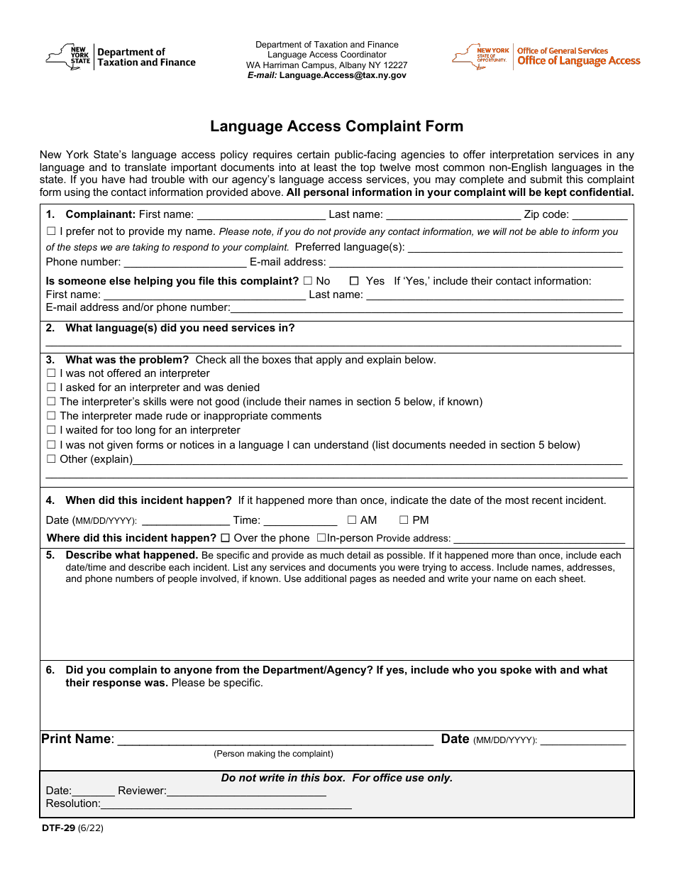 Form DTF-29 Language Access Complaint Form - New York, Page 1
