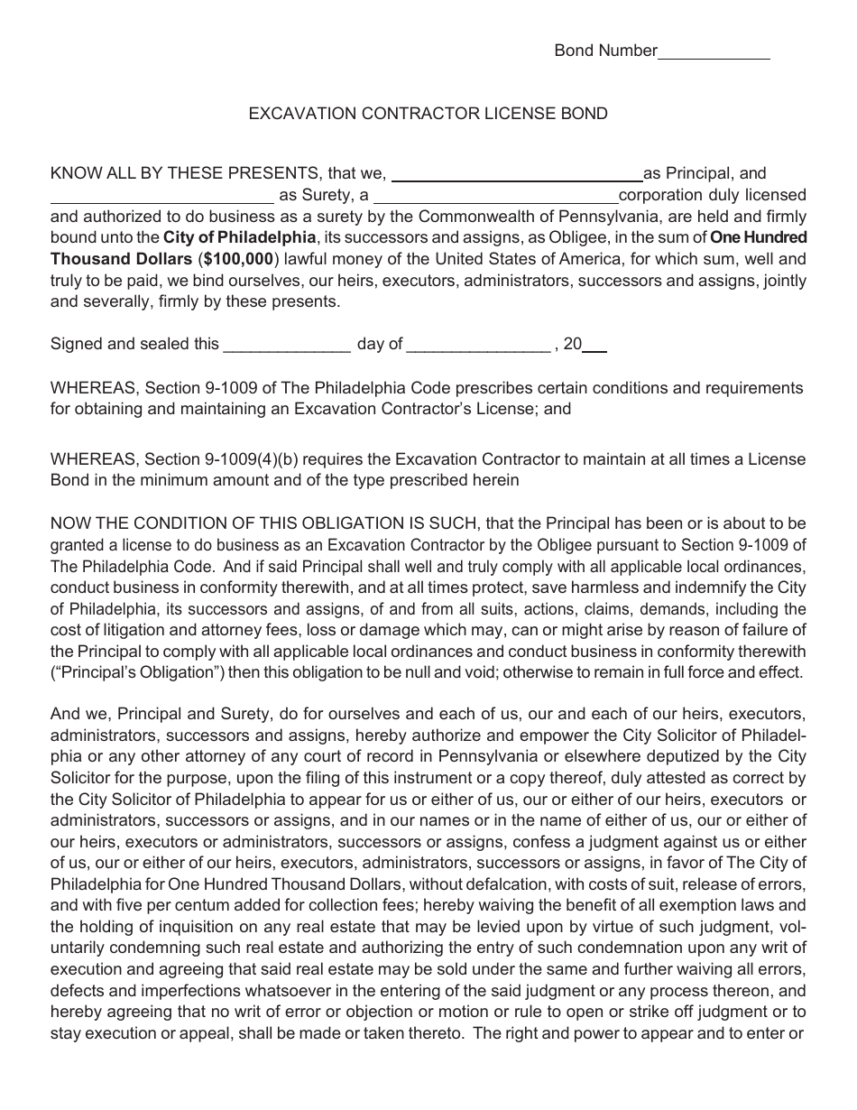 City Of Philadelphia Pennsylvania Excavation Contractor License Bond   Excavation Contractor License Bond City Of Philadelphia Pennsylvania Print Big 