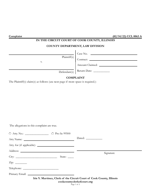 Form CCL0063 Blank Complaint for Law Division - Cook County, Illinois