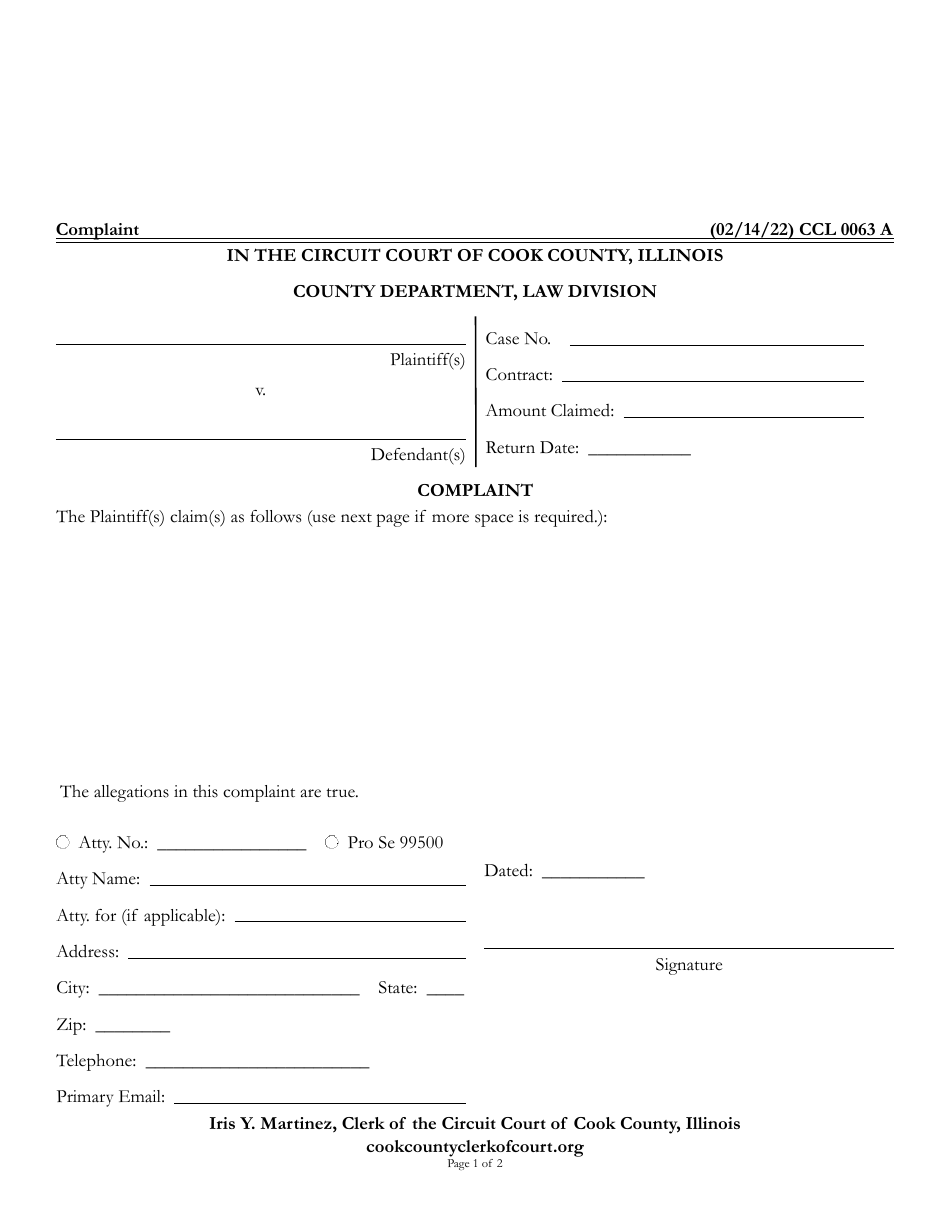 Form CCL0063 Blank Complaint for Law Division - Cook County, Illinois, Page 1