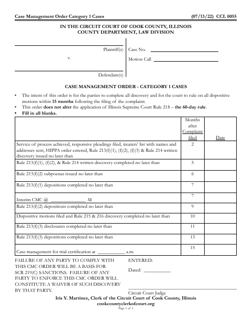 Form CCL0055 Case Management Order - Category 1 Cases - Cook County, Illinois