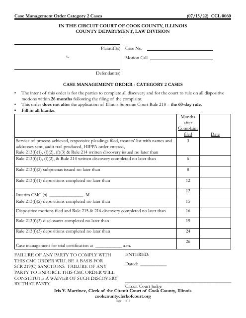 Form CCL0060 Case Management Order - Category 2 Cases - Cook County, Illinois