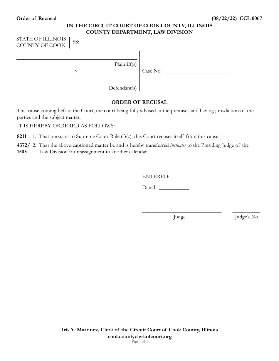 Form CCL0067 Order of Recusal - Cook County, Illinois, Page 1