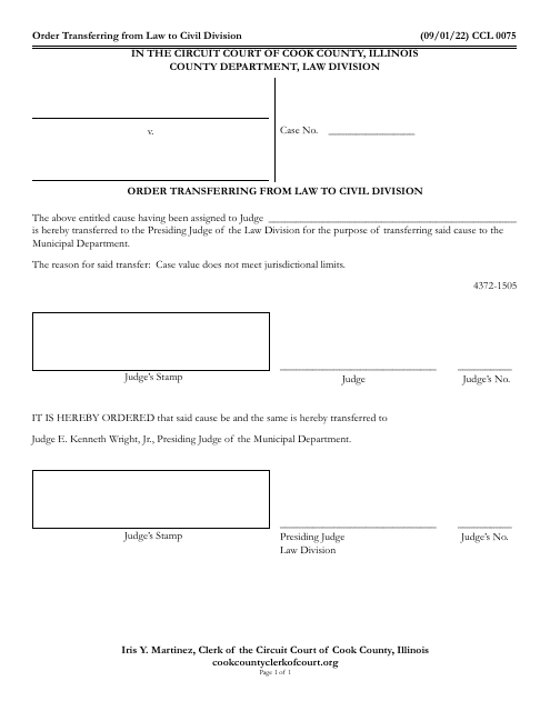 Form CCL0075 Order Transferring From Law to Civil Division - Cook County, Illinois
