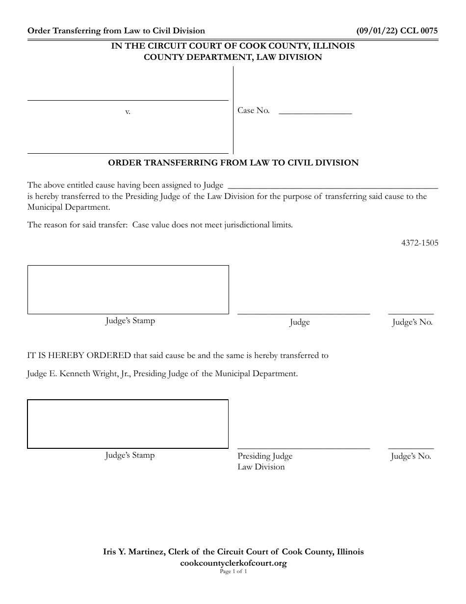 Form CCL0075 Order Transferring From Law to Civil Division - Cook County, Illinois, Page 1