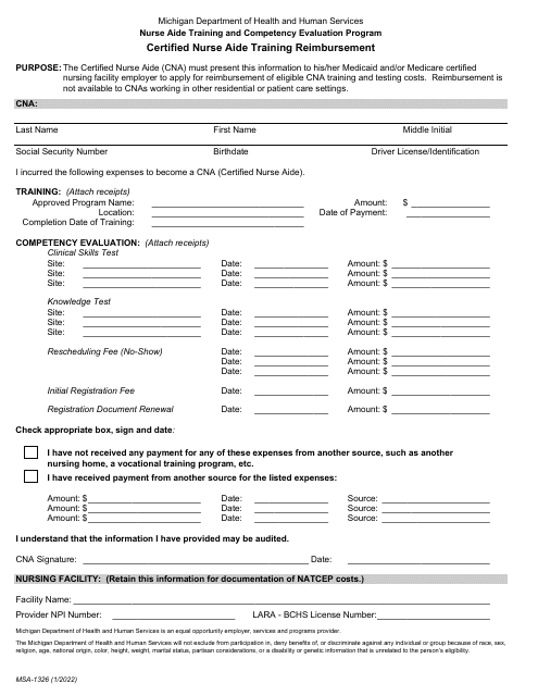 Form MSA-1326  Printable Pdf