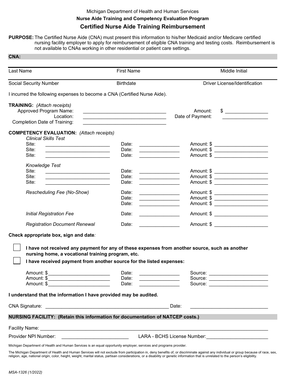 Form MSA-1326 Certified Nurse Aide Training Reimbursement - Nurse Aide Training and Competency Evaluation Program - Michigan, Page 1