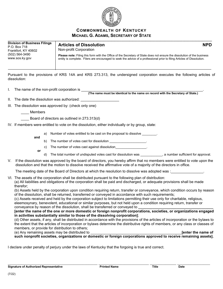 Form NPD Articles of Dissolution - Non-profit Corporation - Kentucky, Page 1