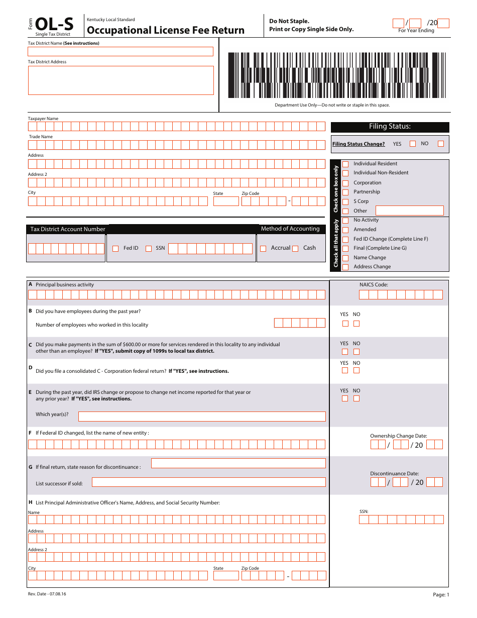 Form OL-S Occupational License Fee Return - Single Tax District - Kentucky, Page 1