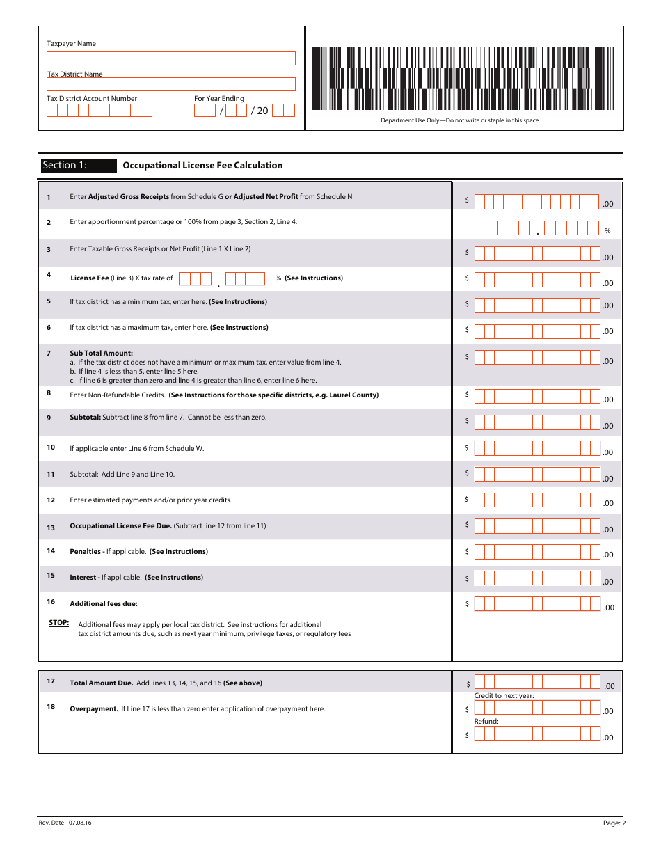 Form OL-S Occupational License Fee Return - Single Tax District - Kentucky, Page 2