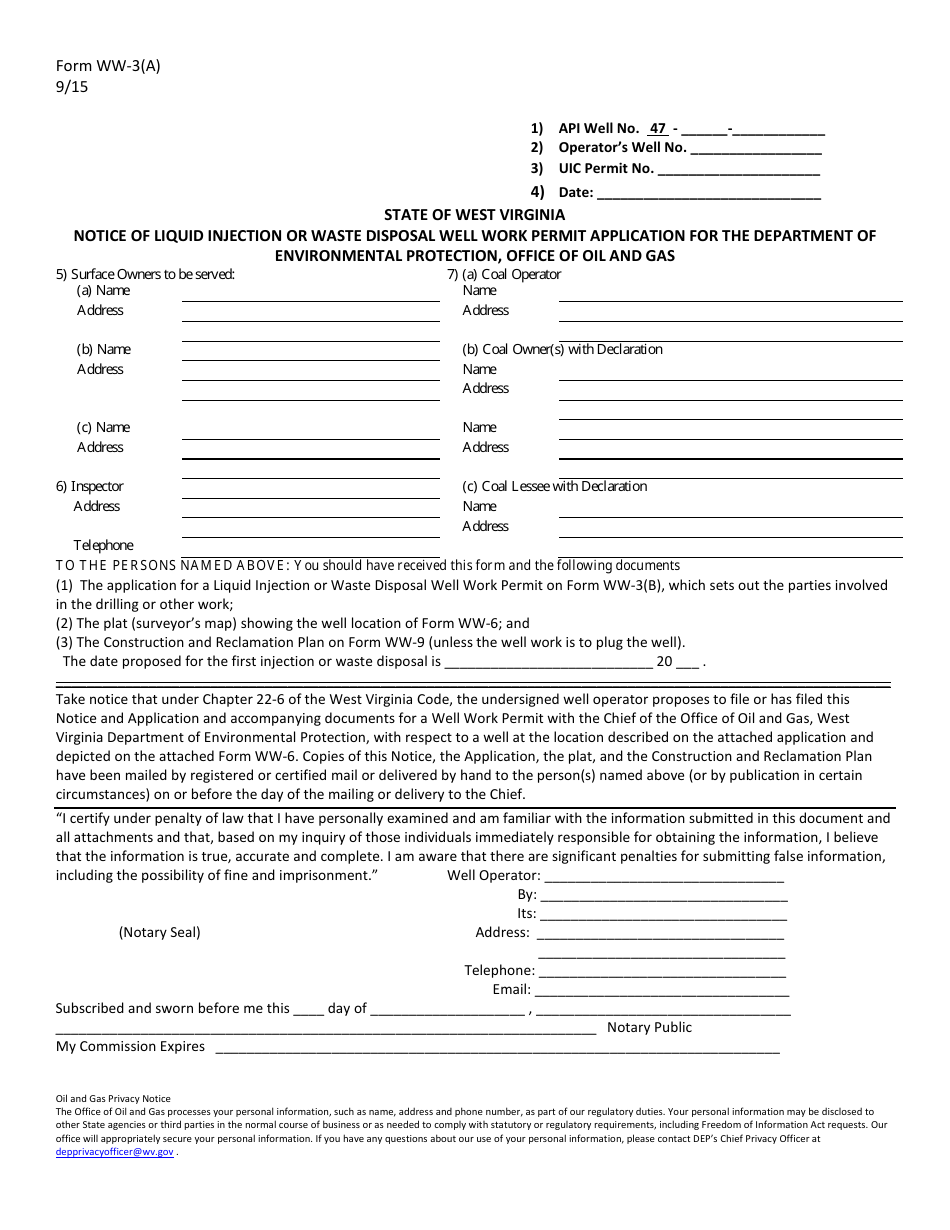 Form WW-3(A) Notice of Liquid Injection or Waste Disposal Well Work Permit Application for the Department of Environmental Protection, Office of Oil and Gas - West Virginia, Page 1