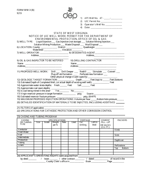 Form WW-3(B) Notice of Uic Well Work Permit for the Department of Environmental Protection, Office of Oil & Gas - West Virginia