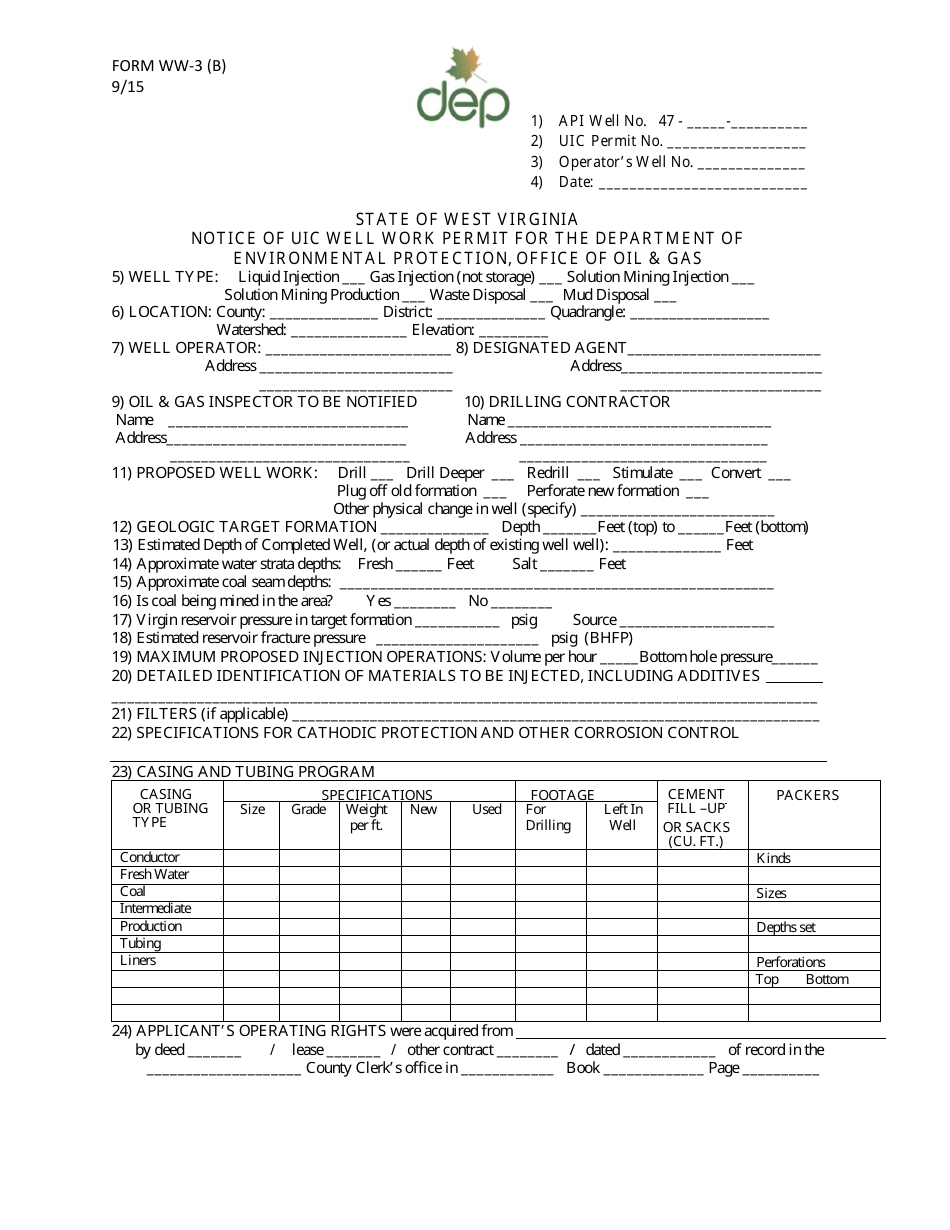Form WW-3(B) Notice of Uic Well Work Permit for the Department of Environmental Protection, Office of Oil  Gas - West Virginia, Page 1