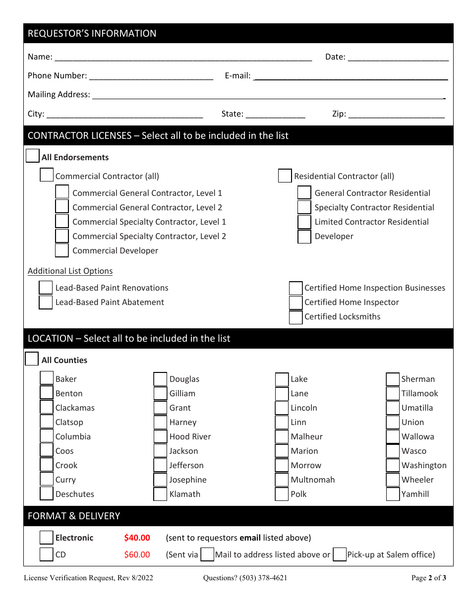 Request for Information on Licensed Contractor Businesses - Oregon, Page 2