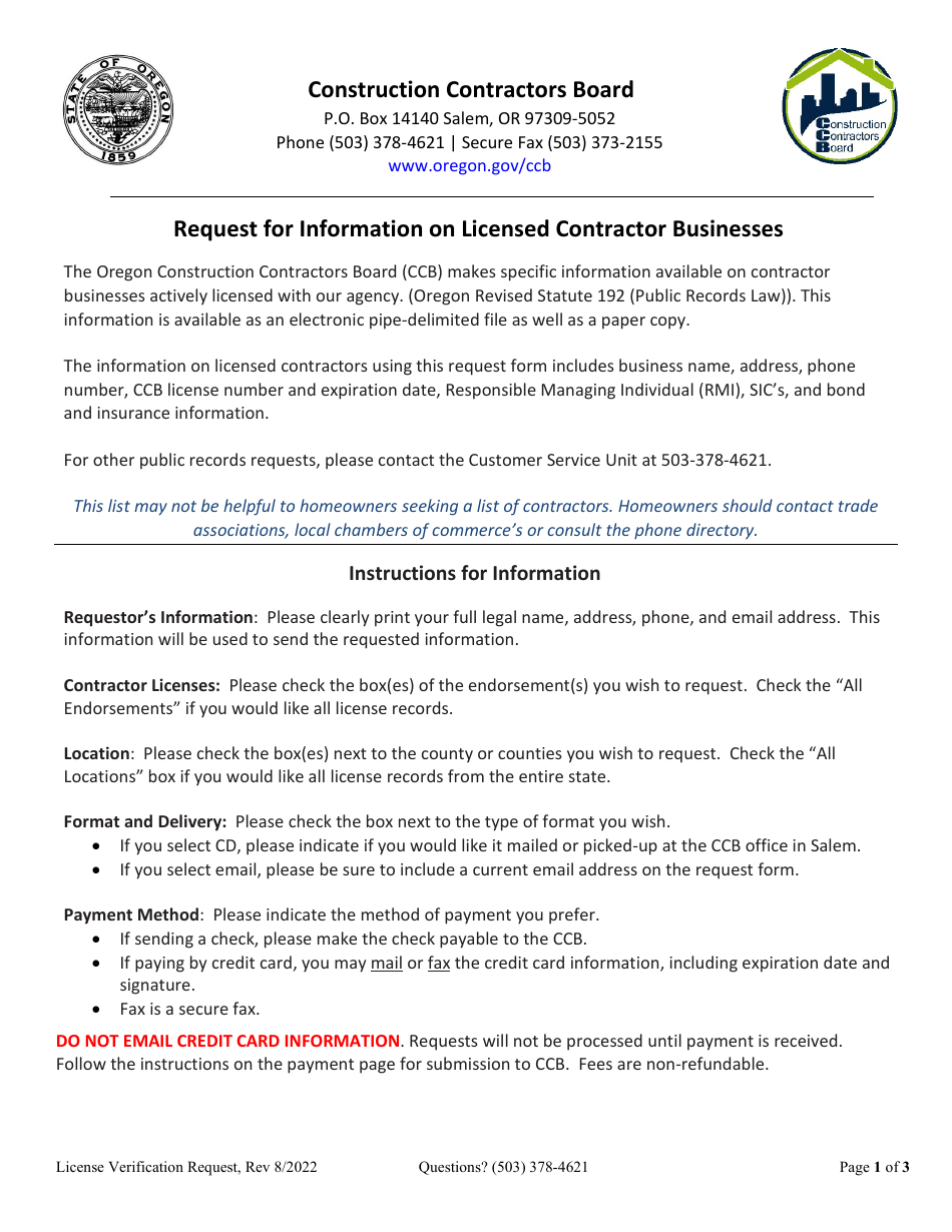 Oregon Request for Information on Licensed Contractor Businesses Fill