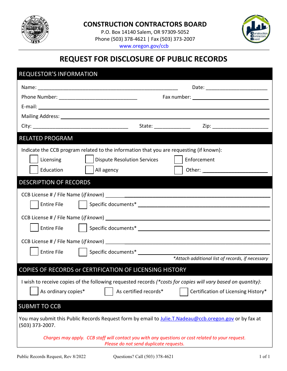 Request for Disclosure of Public Records - Oregon, Page 1