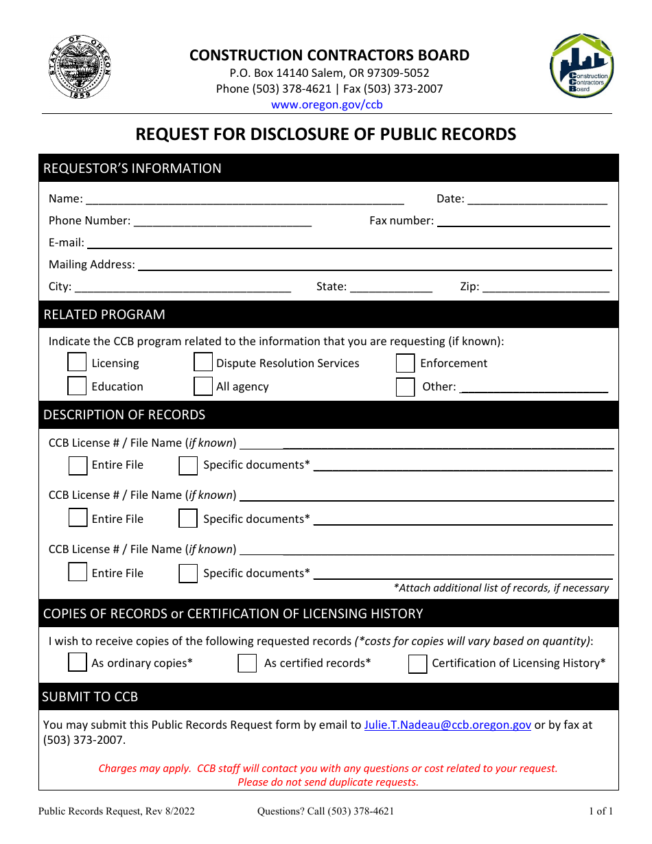 Oregon Request for Disclosure of Public Records Fill Out, Sign Online