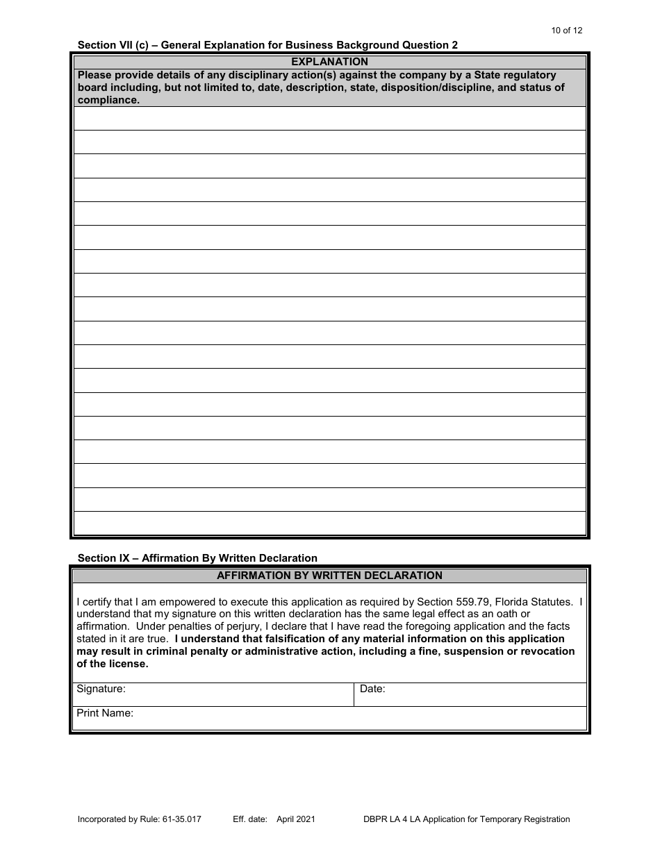 Form DBPR LA4 Application for Temporary Registration - Florida, Page 10