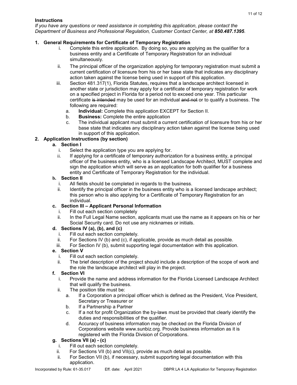 Form DBPR LA4 Application for Temporary Registration - Florida, Page 11