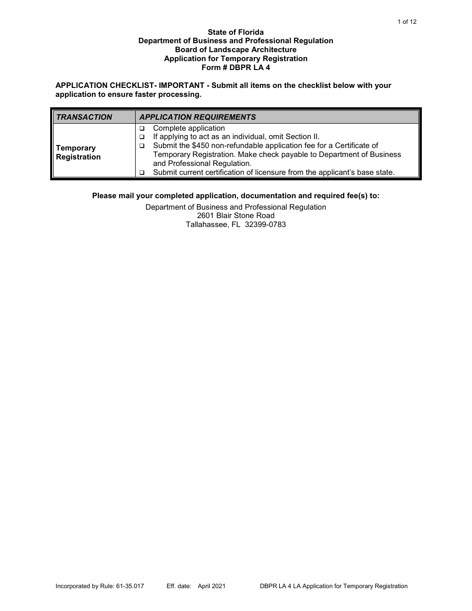 Form DBPR LA4 Application for Temporary Registration - Florida, Page 1