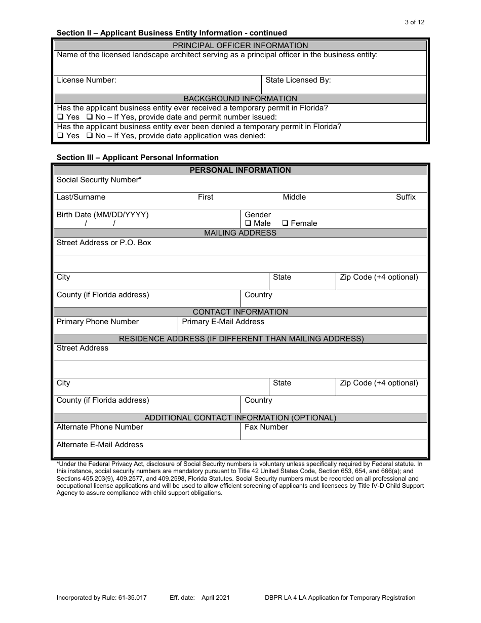 Form DBPR LA4 Download Printable PDF or Fill Online Application for ...