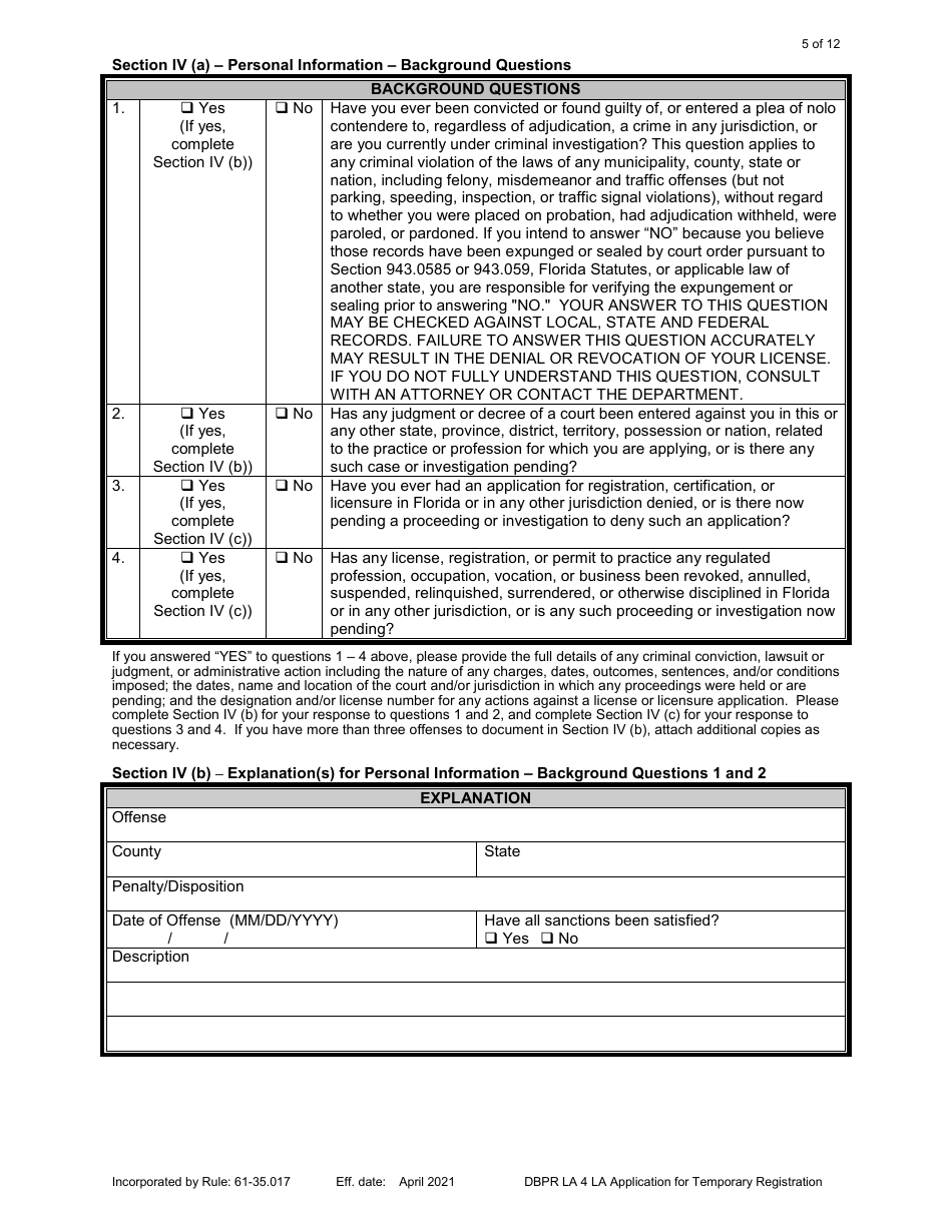 Form DBPR LA4 Application for Temporary Registration - Florida, Page 5