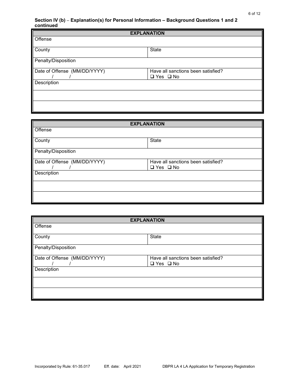 Form DBPR LA4 Application for Temporary Registration - Florida, Page 6