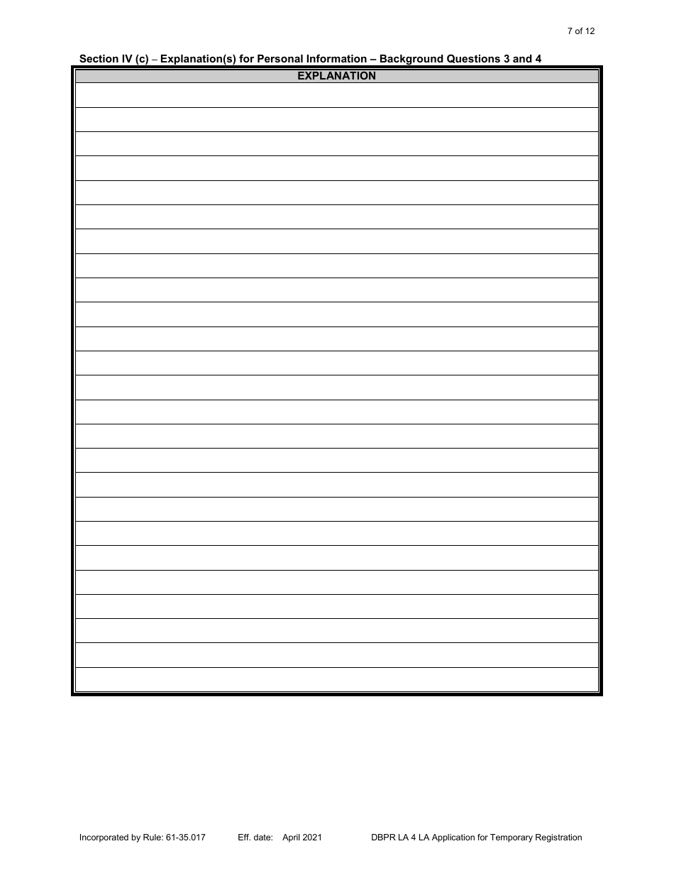 Form DBPR LA4 Application for Temporary Registration - Florida, Page 7