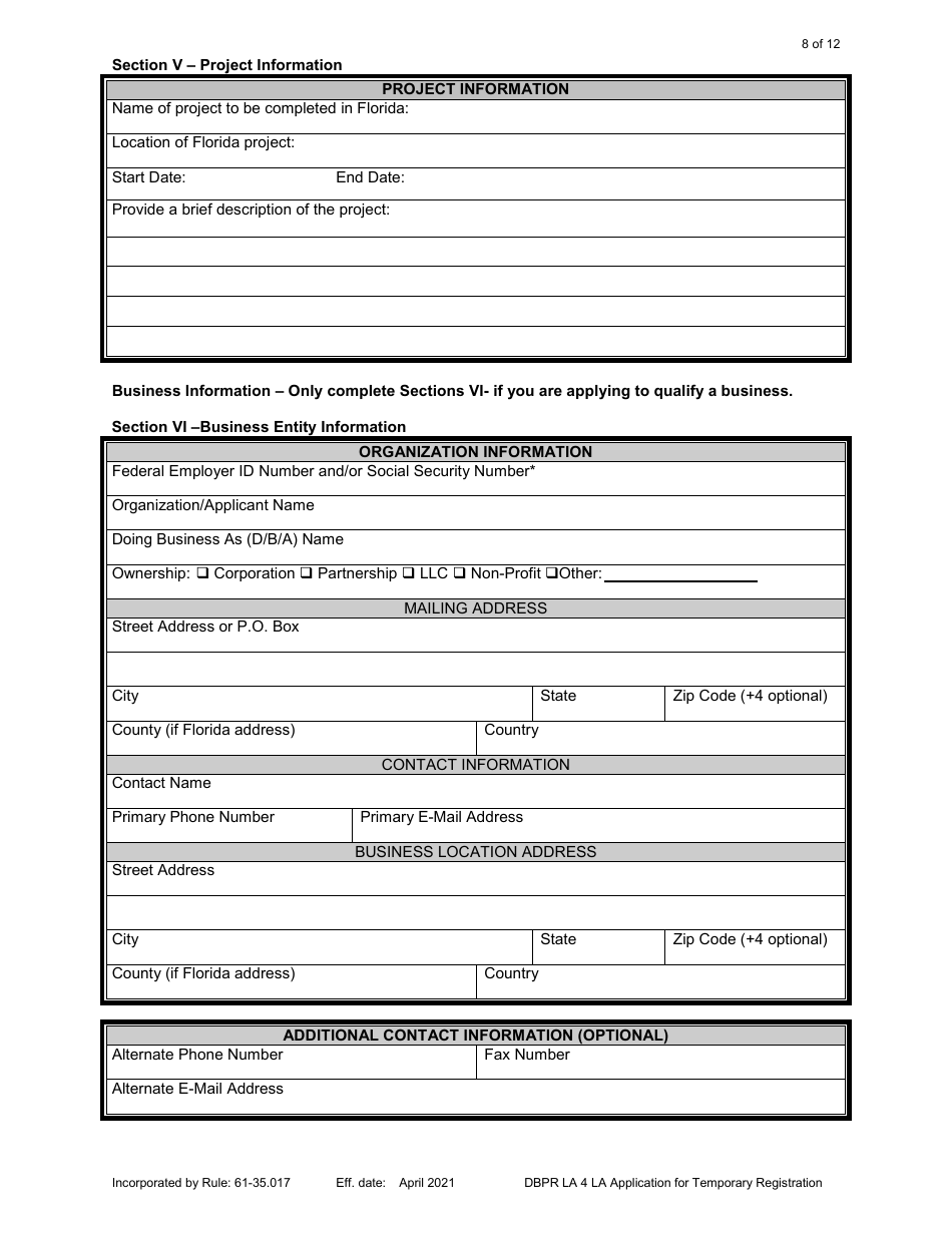 Form DBPR LA4 Download Printable PDF or Fill Online Application for ...