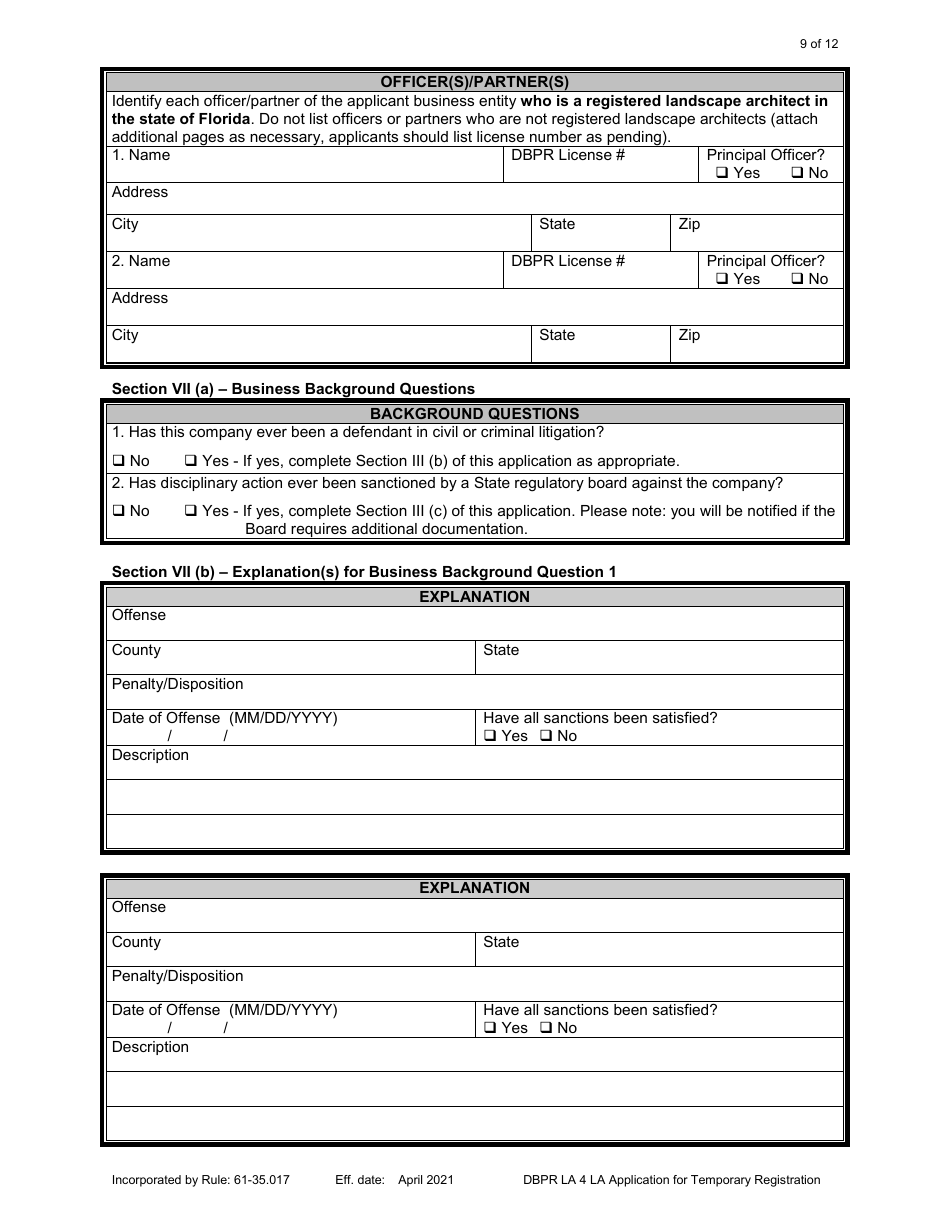 Form DBPR LA4 Application for Temporary Registration - Florida, Page 9