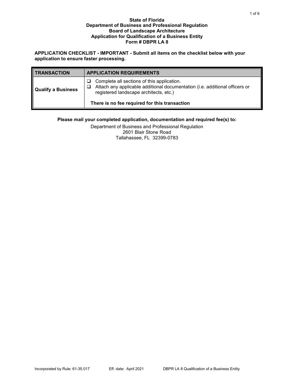 Form DBPR LA8 Application for Qualification of a Business Entity - Florida, Page 1