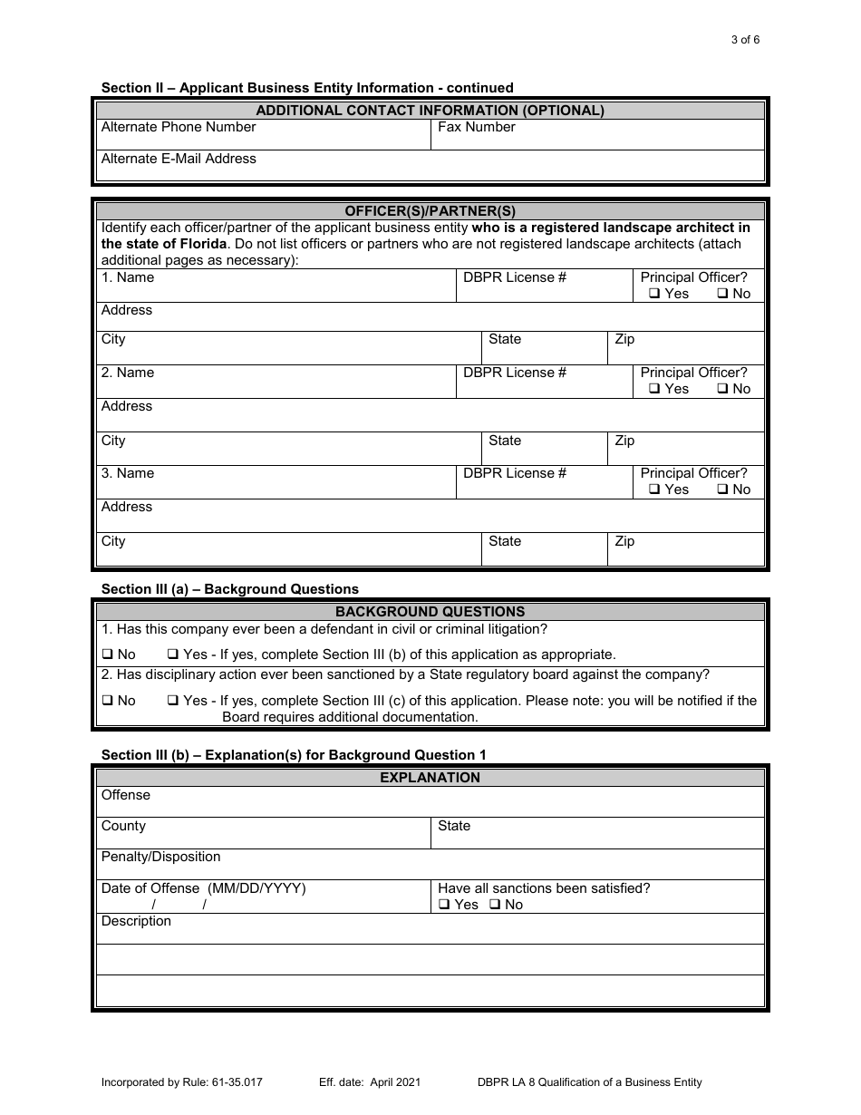 Form DBPR LA8 Application for Qualification of a Business Entity - Florida, Page 3