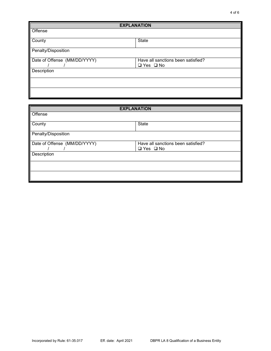 Form DBPR LA8 Application for Qualification of a Business Entity - Florida, Page 4