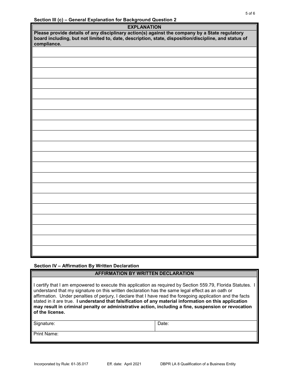 Form DBPR LA8 Application for Qualification of a Business Entity - Florida, Page 5