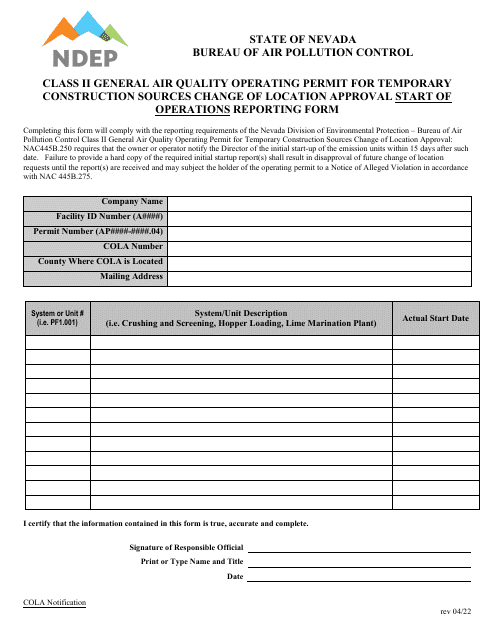 Class II General Air Quality Operating Permit for Temporary Construction Sources Change of Location Approval Start of Operations Reporting Form - Nevada