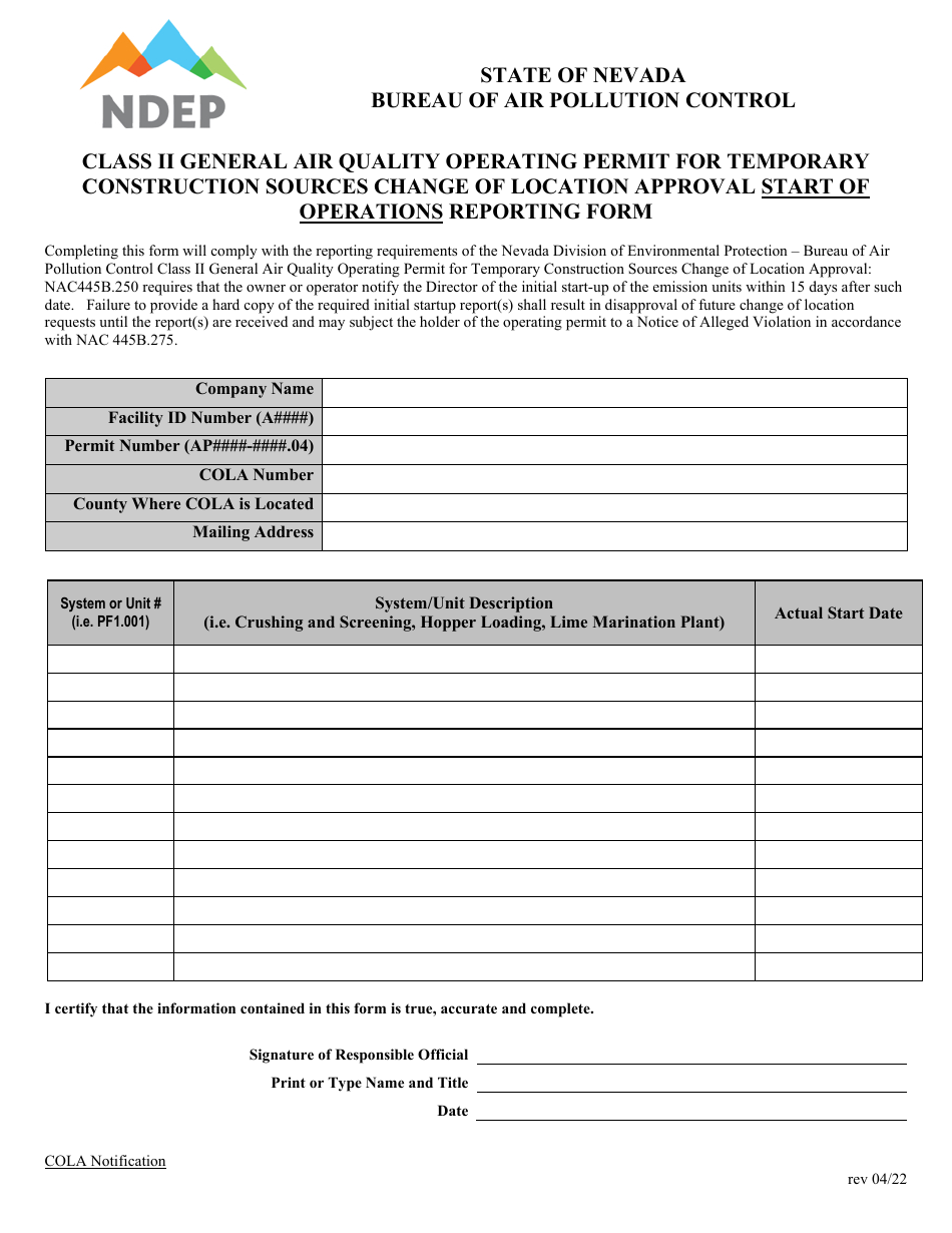 Class II General Air Quality Operating Permit for Temporary Construction Sources Change of Location Approval Start of Operations Reporting Form - Nevada, Page 1