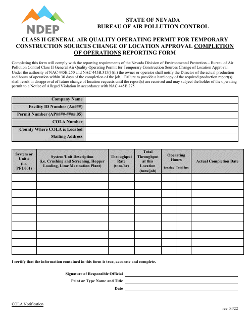 Class II General Air Quality Operating Permit for Temporary Construction Sources Change of Location Approval Completion of Operations Reporting Form - Nevada