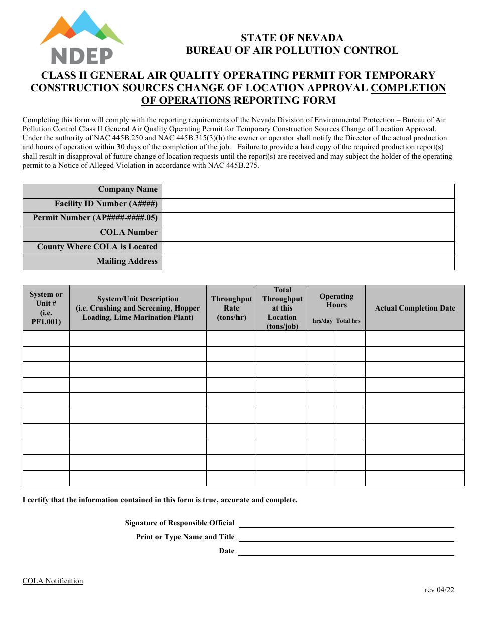 Class II General Air Quality Operating Permit for Temporary Construction Sources Change of Location Approval Completion of Operations Reporting Form - Nevada, Page 1