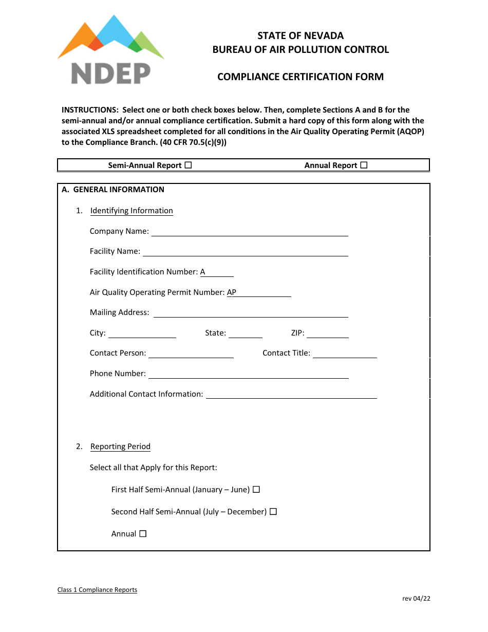 Compliance Certification Form - Nevada, Page 1