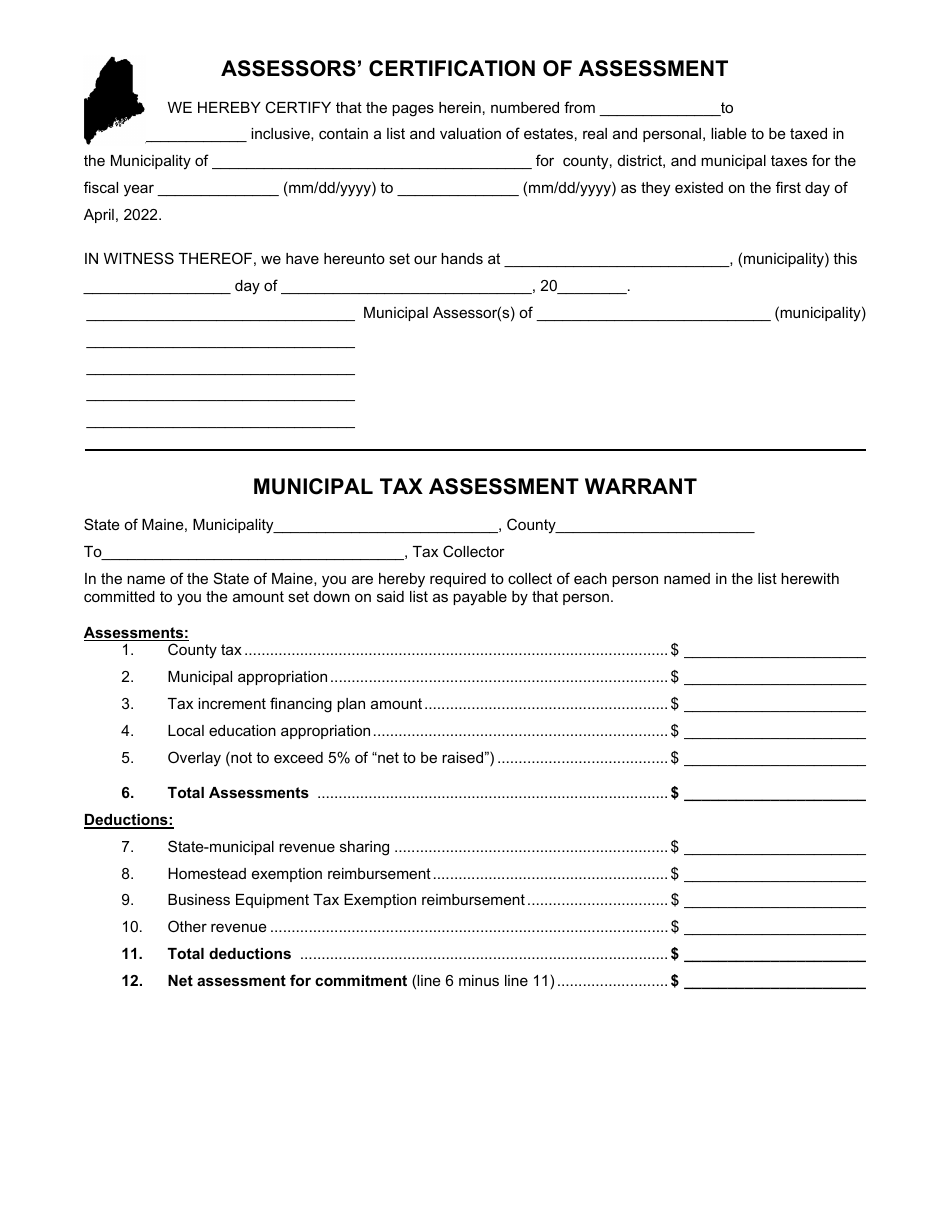 Assessors Certification of Assessment and Municipal Tax Assessment Warrant - Maine, Page 1