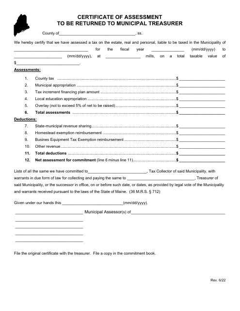 Certificate of Assessment to Be Returned to Municipal Treasurer - Maine Download Pdf