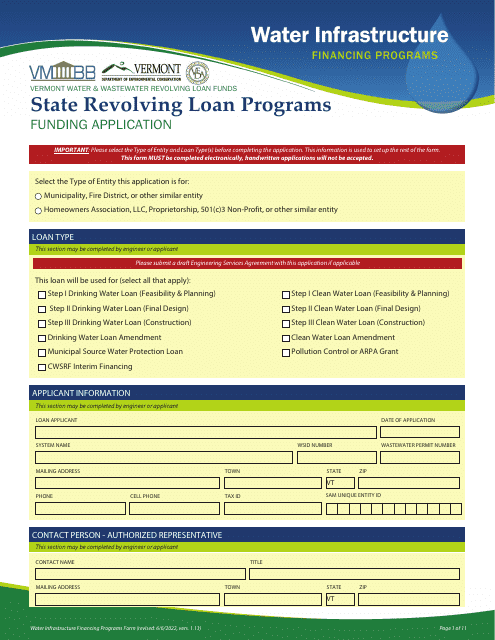Funding Application - State Revolving Loan Programs - Vermont Download Pdf