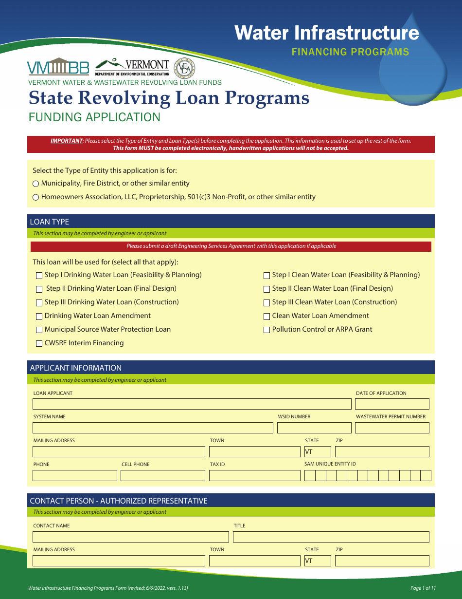Funding Application - State Revolving Loan Programs - Vermont, Page 1
