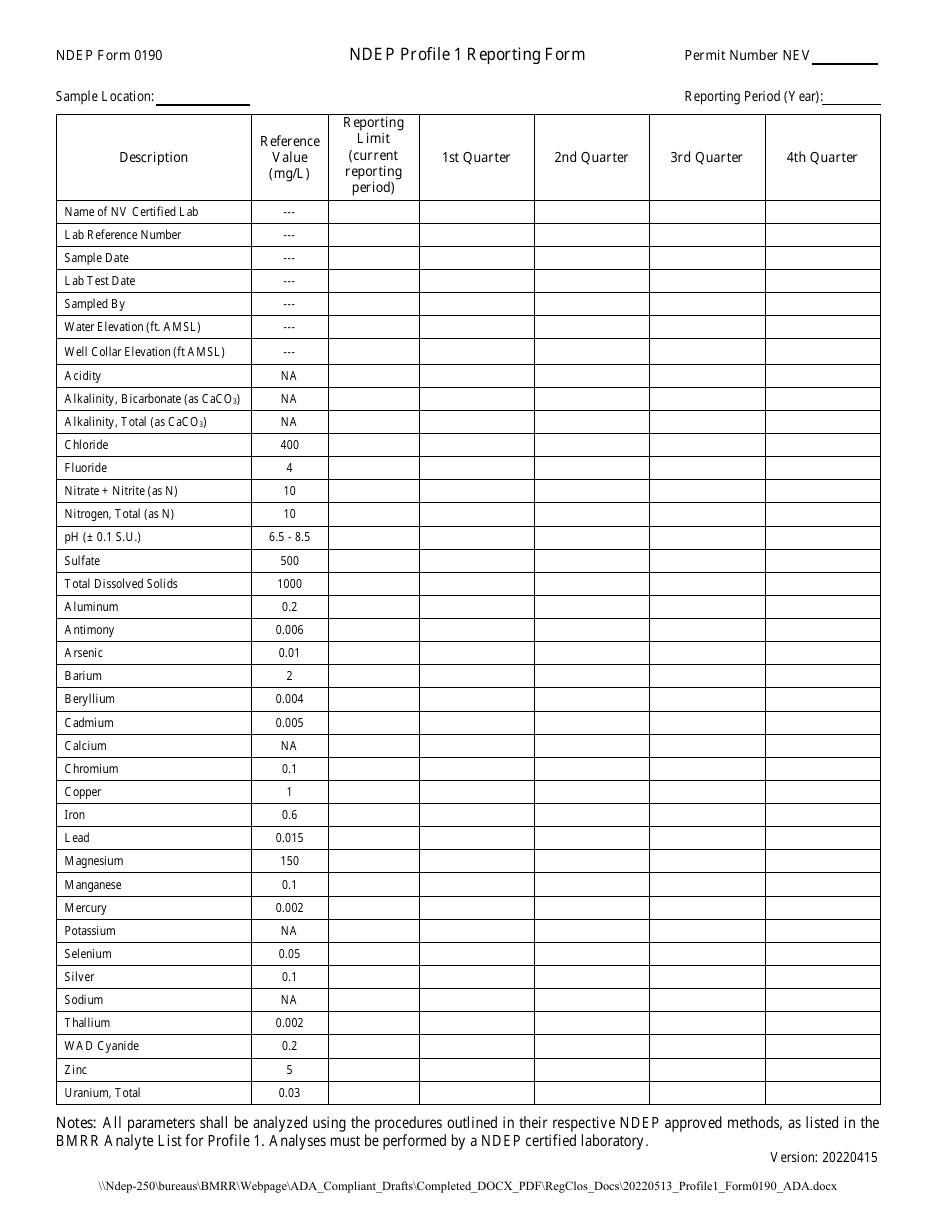 NDEP Form 0190 Ndep Profile 1 Reporting Form - Nevada, Page 1