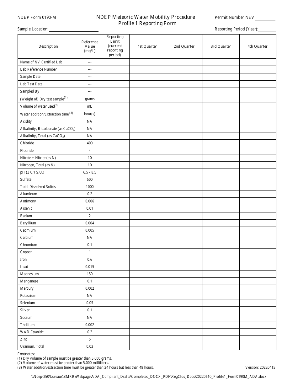 NDEP Form 0190-M Ndep Meteoric Water Mobility Procedure Profile 1 Reporting Form - Nevada, Page 1