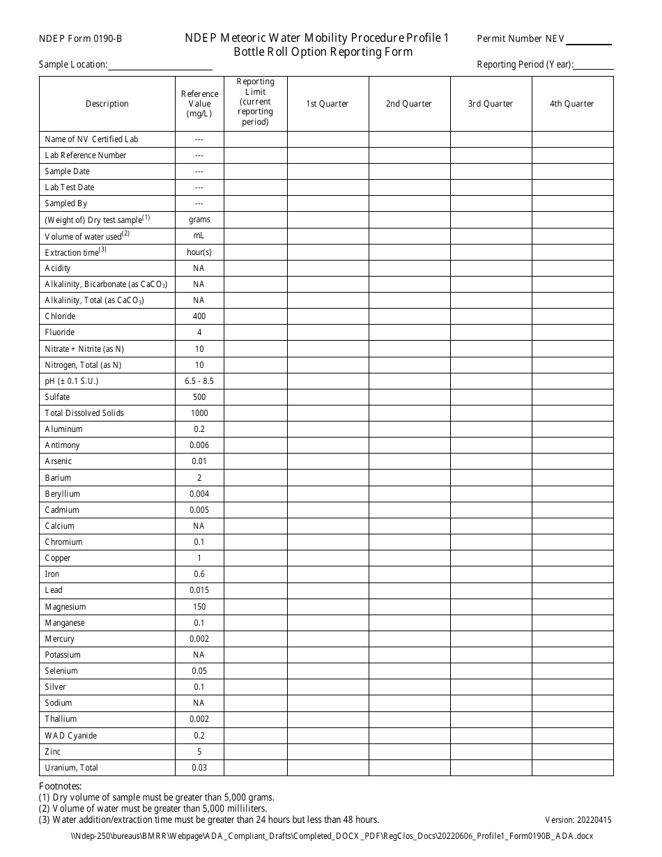 NDEP Form 0190-B Ndep Meteoric Water Mobility Procedure Profile 1 Bottle Roll Option Reporting Form - Nevada, Page 1