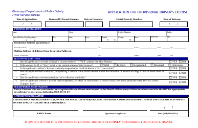 Document preview: Application for Provisional Driver's License - Mississippi
